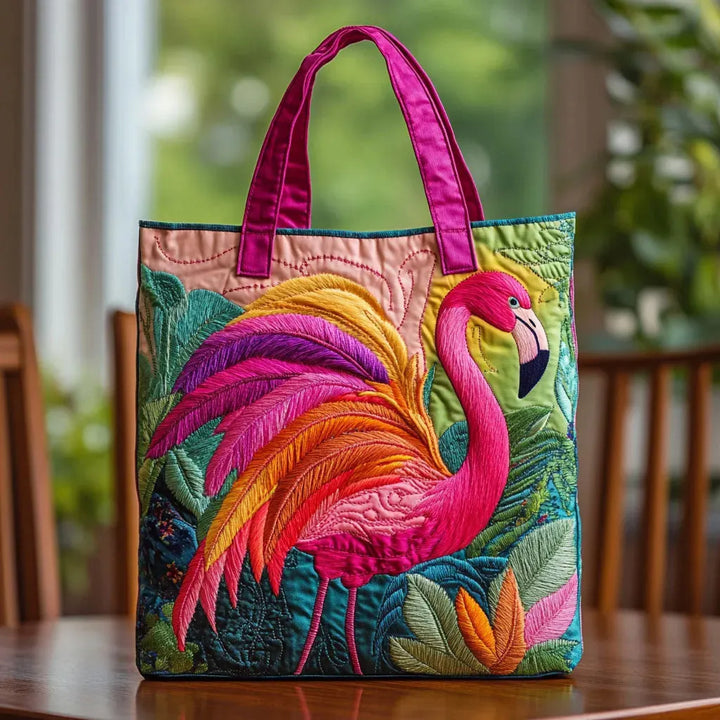 Quilted Tote Bag - Rainbow Flamingo